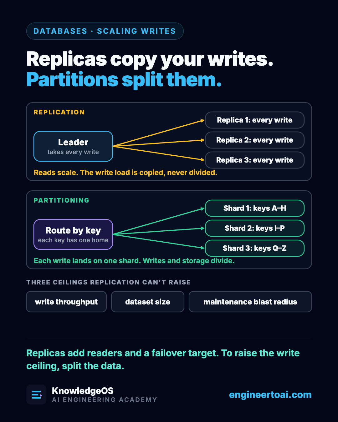 Replication: a leader takes every write and copies it to replica 1, replica 2 and replica 3, each of which applies every write, so reads scale but the write load is copied, never divided. Partitioning: a router sends each key to its one home, shard 1 for keys A–H, shard 2 for keys I–P and shard 3 for keys Q–Z, so each write lands on one shard and writes and storage divide. Three ceilings replication can't raise: write throughput, dataset size and maintenance blast radius.