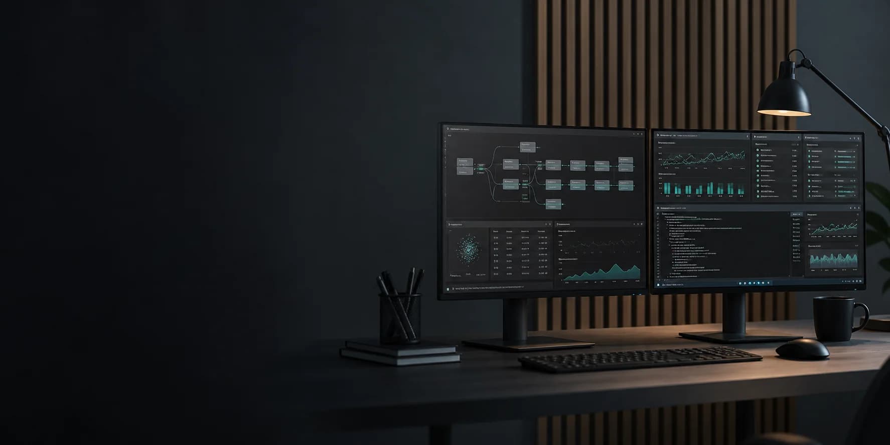 AI engineering workspace with architecture flows, model evaluation charts, and code